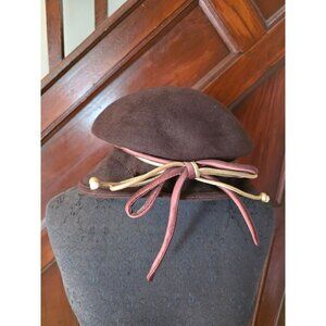 Vintage Fenwick Original Brown Felt Hat With Ribbon Bow Accent & Gold Details